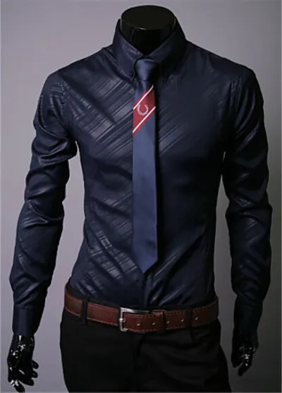 navy blue 2 Горячая Распродажа, новинка, высокое качество, мужские дизайнерские рубашки в полоску, повседневные облегающие длинные рубашки, 14 цветов, размер M-5XL - Цвет: navy blue 2