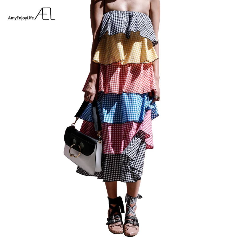 

AEL Slash Neck Strapless Plaid Dress Multiple Color Cascading Flounce Ladies Summer Clothing 2017 Boho Fashion Beach Dresses