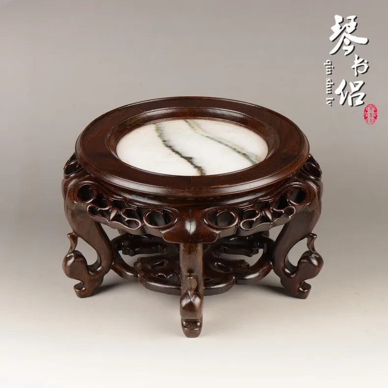 

Catalpa wood carvings ebony black red marble vase flower pots ornaments hippocampus several antique circular base