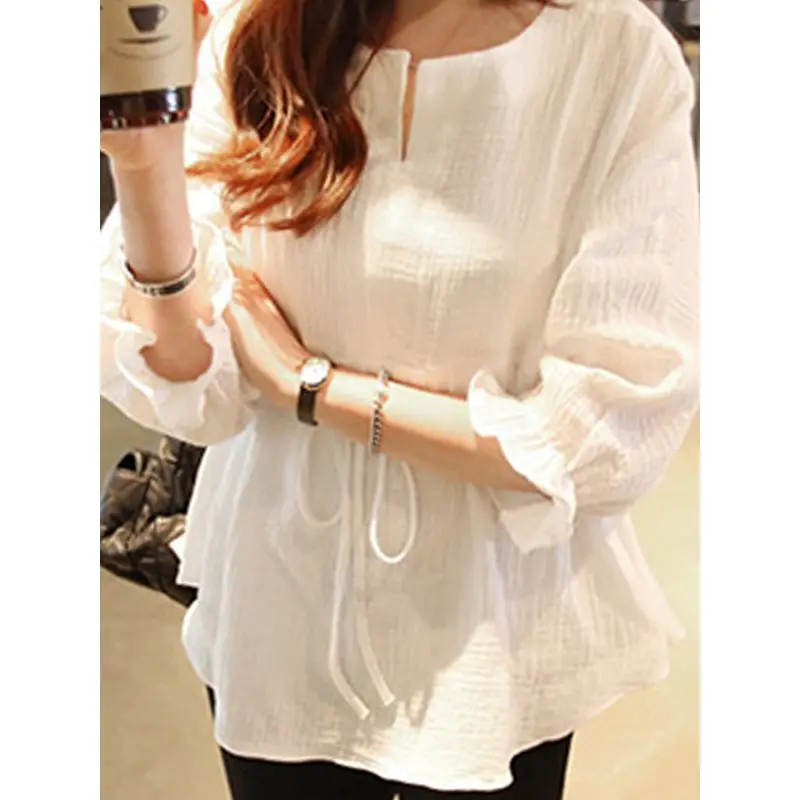 Korean Cotton Linen White Blouse Women Sweet Fashion Lace Up Summer Shirt Black Office Elegant Casual Basic Tops Ladies Blouses |