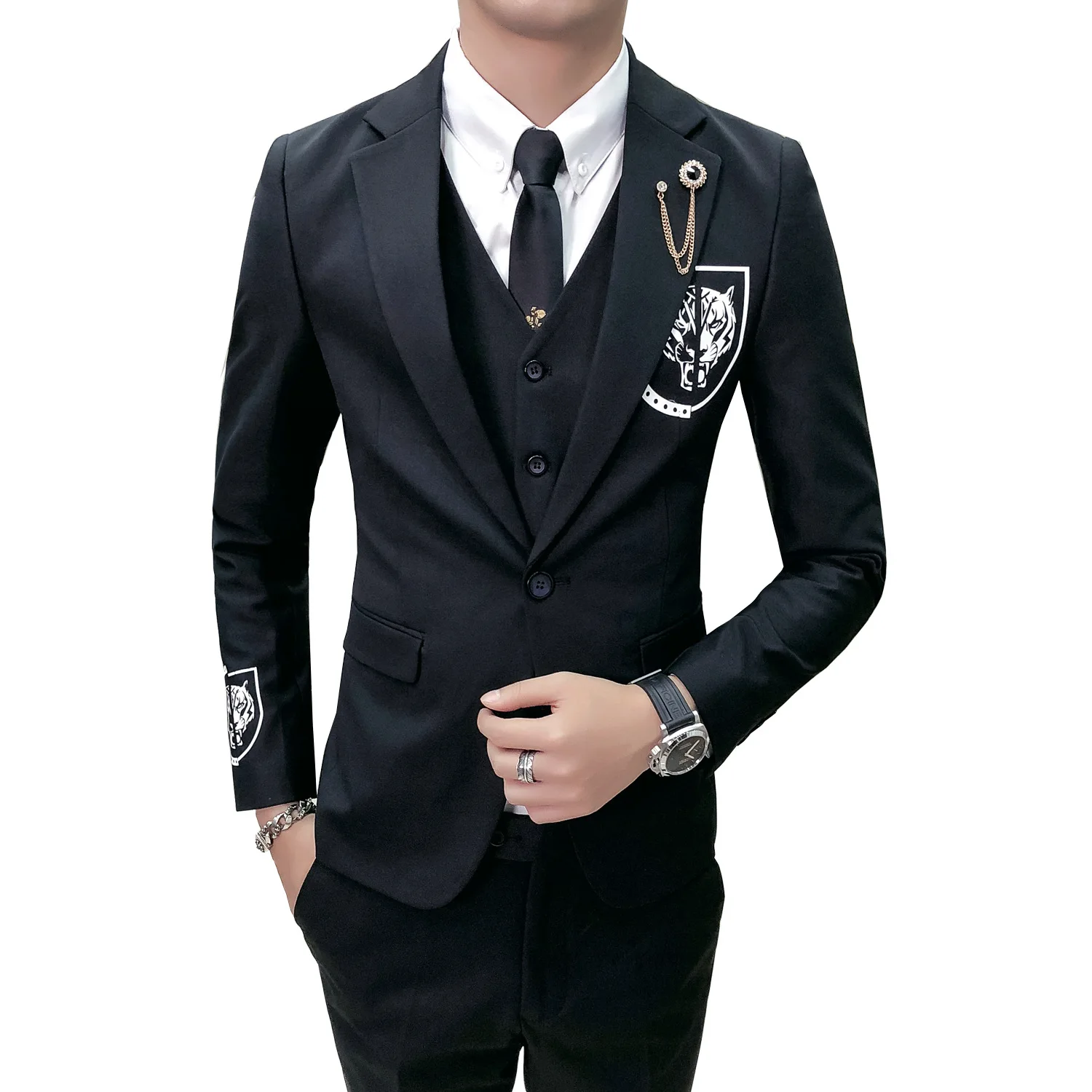 

(Blazers+Vest+Trousers) Ternos Para Hombre Black Slim Business Casual British Style Chain Three-piece Leopard Printed Suit