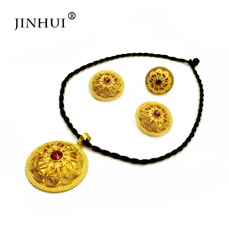 Jin Hui, эфиопские Ювелирные наборы, красный камень, подвеска, ожерелье, серьги, кольцо, золотые подарки для женщин, африканская Эритрея, свадебные ювелирные изделия