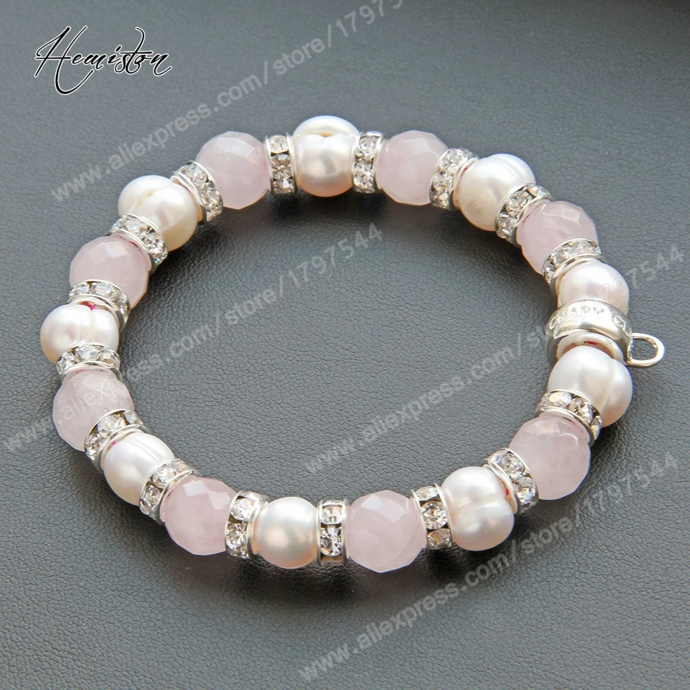 Томас розового цвета камень кварц Пресноводный Жемчуг стразы из бисера браслет с