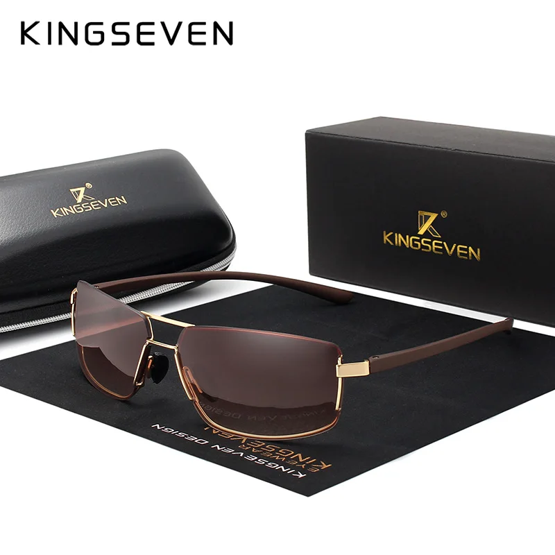 KINGSEVEN, фирменные дизайнерские солнцезащитные очки для мужчин, для вождения, квадратная оправа, солнцезащитные очки, мужские, классические, унисекс, очки Gafas - Цвет линз: gold brown