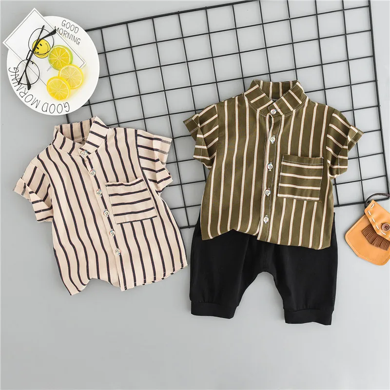 

Cool stripe shortsleeve shirt fashion ins boutique baby boy clothes set