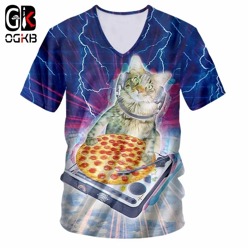 

OGKB Funny Print Pizza Cat 3d T-shirt With V Neck Women/men's Space Galaxy T Shirts Unisex Hiphop Short Sleeve Casual Tee Shirt