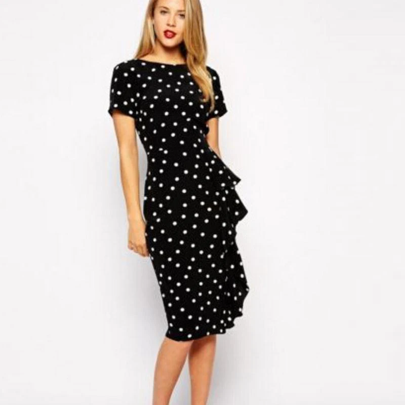 Старинные женские платья женщин bodycon dot круглым воротом с коротким рукавом длиной