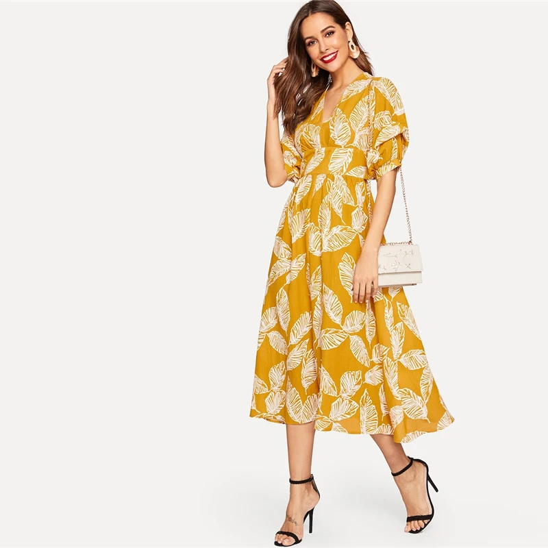 SHEIN Макси Платье С Цветочным Принтом, Нарядное Платье С Вырезом И Средним Рукавом