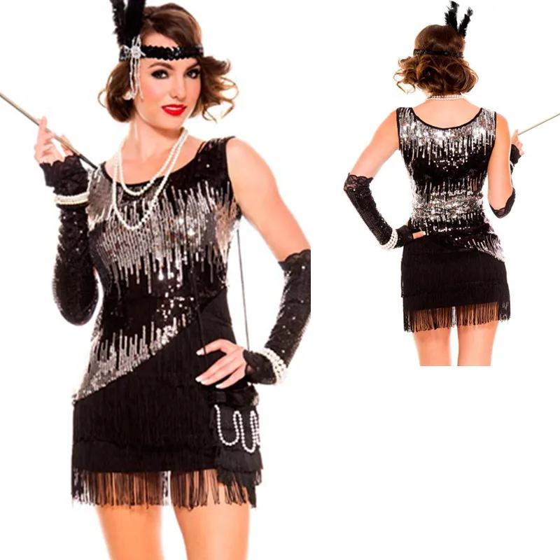 Черный/серебристый расшитый блестками костюм королевы ночного клуба с