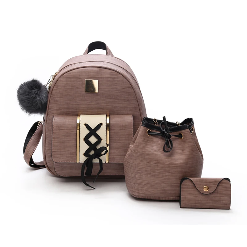 3Pcs/Set Women Backpack Set pu leather female fashion casual backpack+bucket bag+purse backpack bags for teenagers girls 48