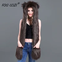 winter accessories animal hooded scarf gloves mittens faux fur brown bear hat 3 in 1 function soft furry hoodie with paws ears