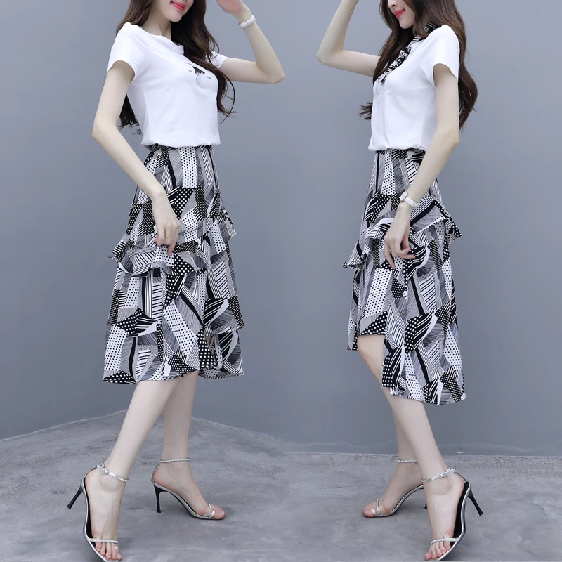 

long chiffon popular summer falbala package buttocks summer two-piece clothing set vestido Korean fashion outfit vestido