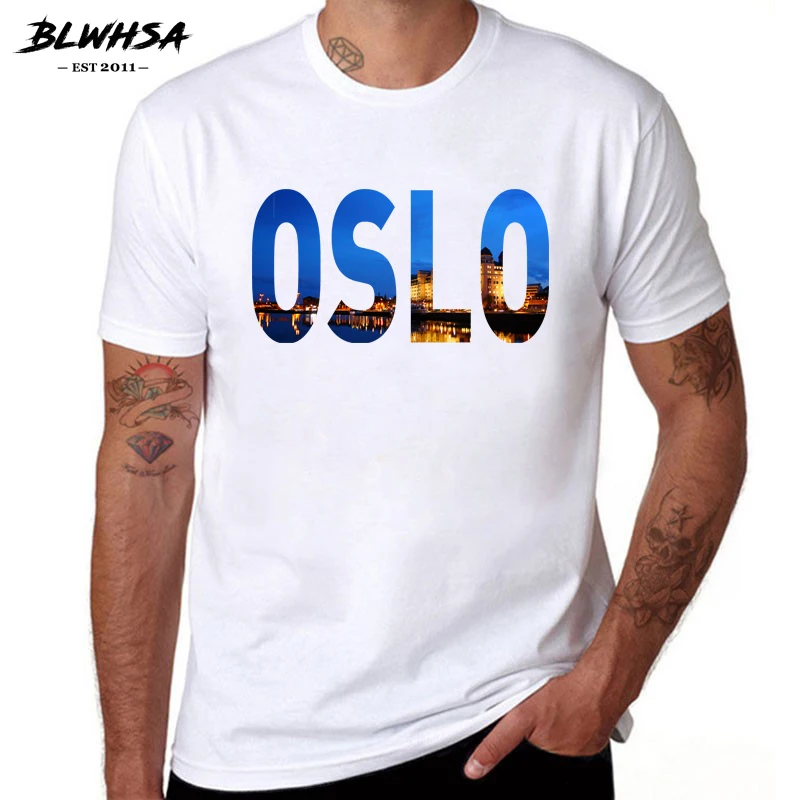 Мужская футболка с принтом BLWHSA Oslo City модная брендовая коротким рукавом и круглым