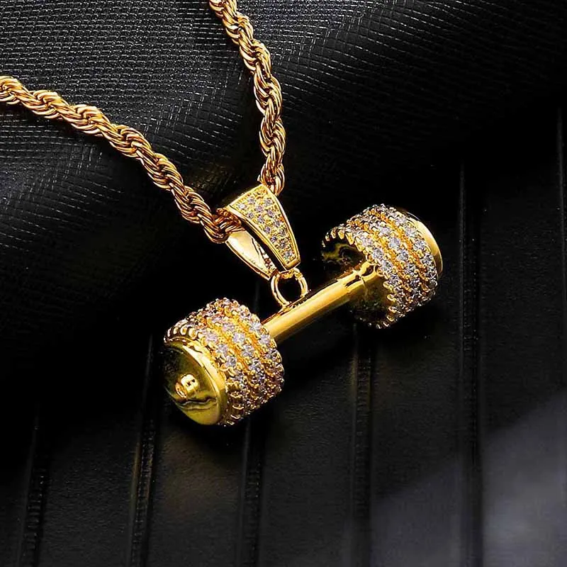 Хип хоп Iced Out Bling горный хрусталь цепь тренажерный зал фитнес-гантель золотой цвет Подвески в виде руки и ожерелья для мужчин ювелирные изделия