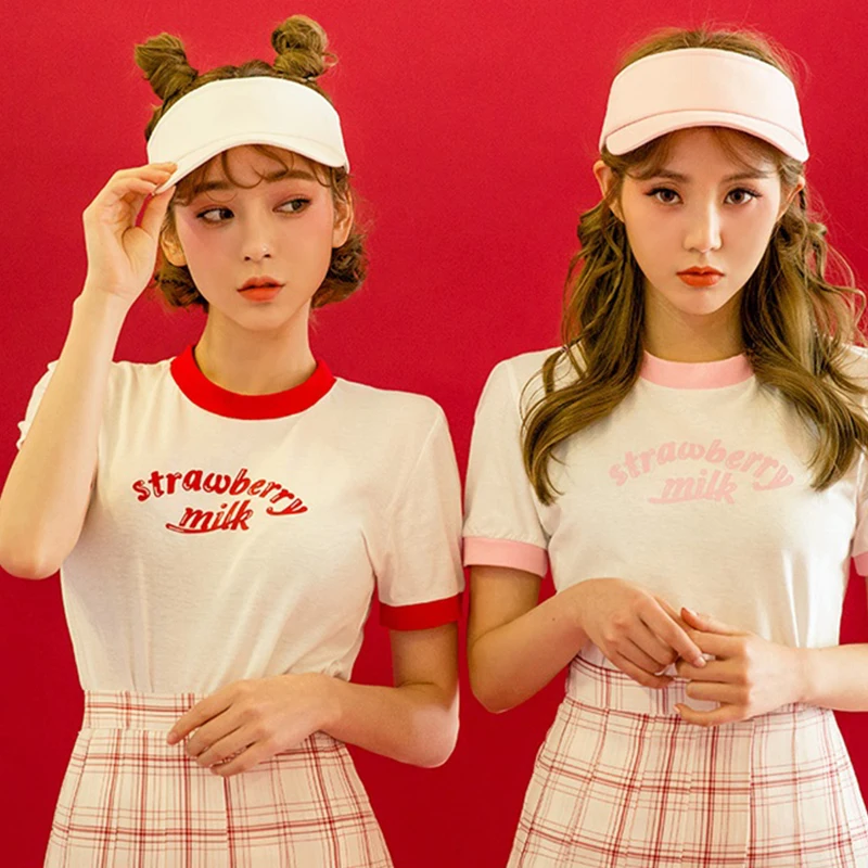 Harajuku Kawaii Клубничная футболка женская летняя японская консервативная стильная с