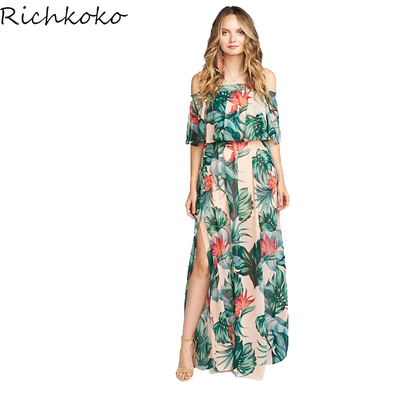 RichkokoWomen свободные Цветочный принт с плеча оборками пол Повседневное без бретелек
