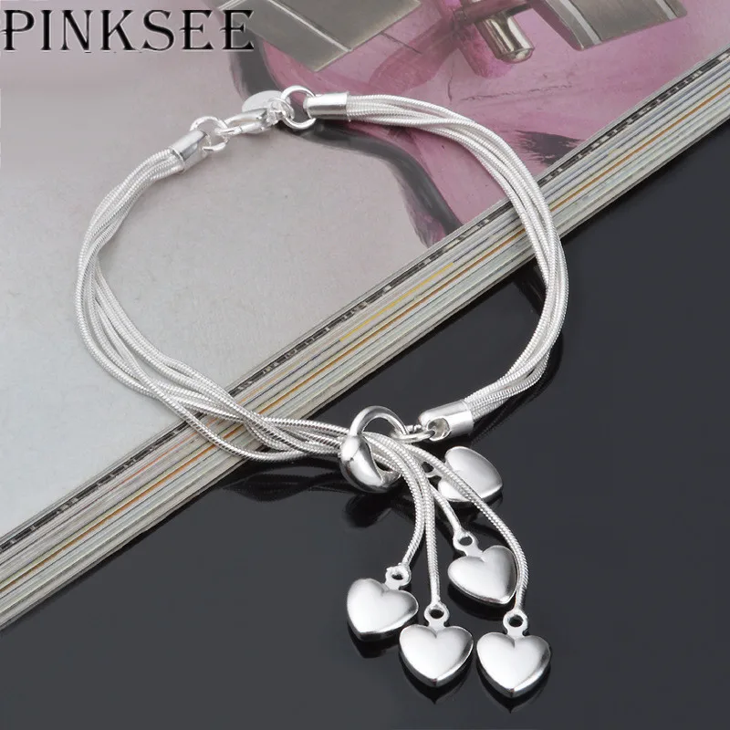 Браслет PINKSEE с 5 сердцами Модные посеребренные браслеты в форме сердца для лучших