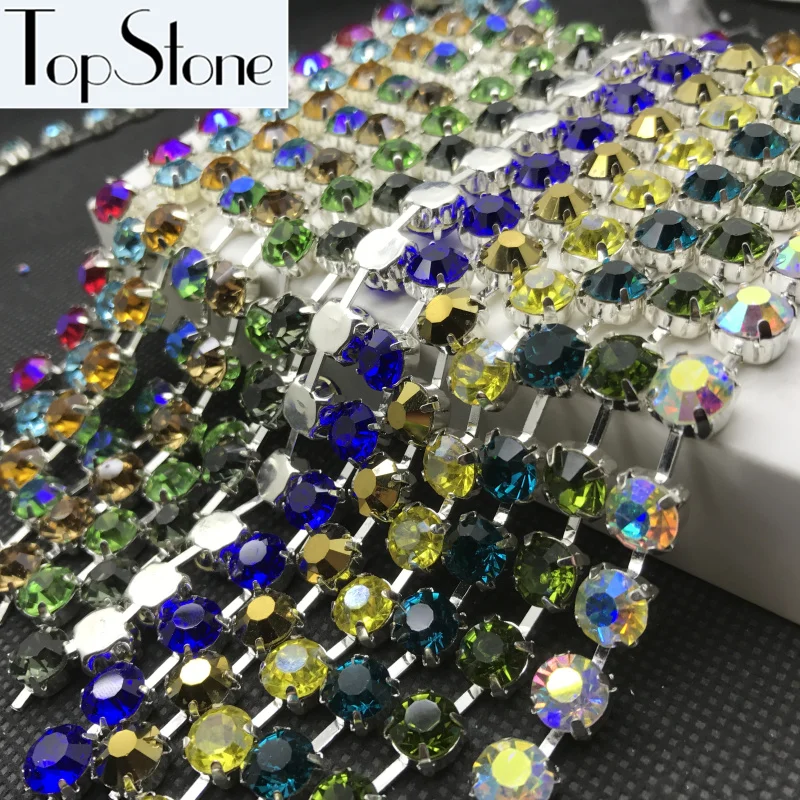 Стразы AB TopStone круглая цепочка с кристаллом серебряная основа 28ss 38ss 45ss стеклянные