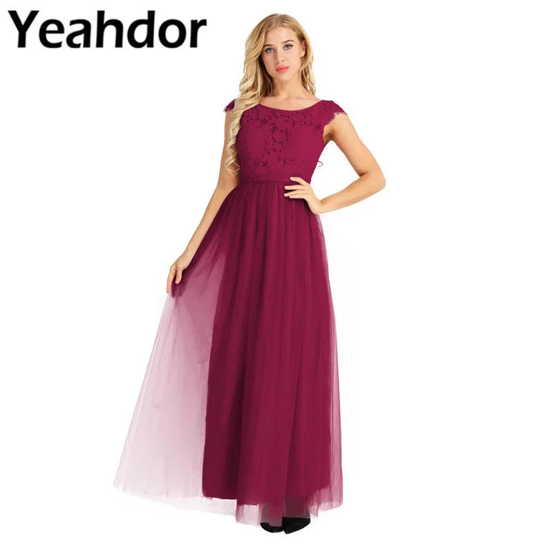 

Womens Formal Maxi Long Dresses Round Neck Cap Sleeve Floral Lace Tulle Party Prom Gown Bridesmaid Dress Vestidos for Wedding