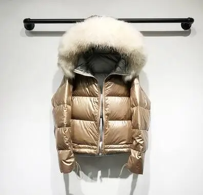 gold coat white fur Зимнее пальто из натурального меха енота, Женская Толстая теплая пуховая парка с капюшоном, женский пуховик на белом утином пуху, водонепроницаемая Свободная куртка - Цвет: gold coat white fur
