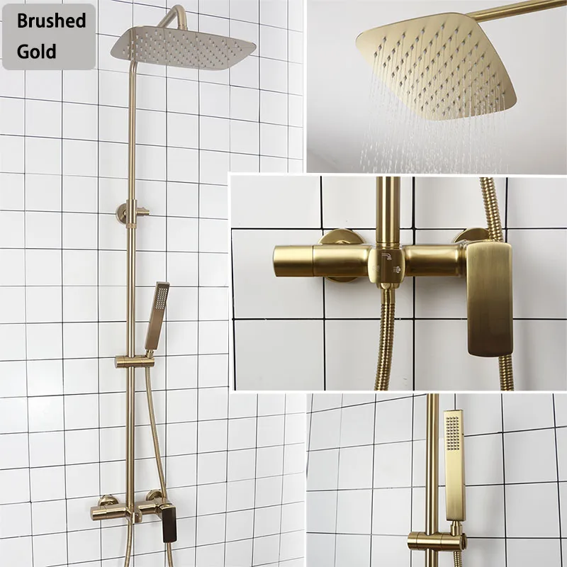 Душевой набор для ванной комнаты, матовый золотой и черный Твердый латунный Смеситель для ванны, качественный настенный смеситель для воды, система для ванны - Цвет: Brushed Gold