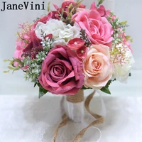 janevini 2019 newest wedding bouquets artificial silk rose red ivory bride flowers holder lace rosette bridal bouquet de mariage