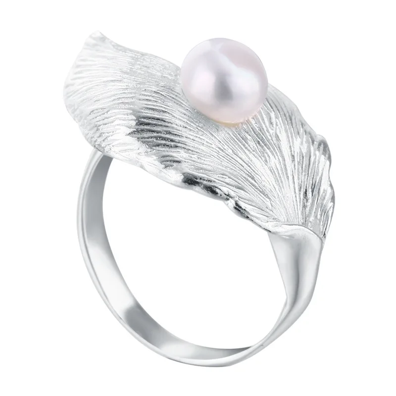 

Natural Pearl Handmade Designer Fine Jewelry Creative Open Ring Real 925 Sterling Silver Leaf Rings for Women Bijoux