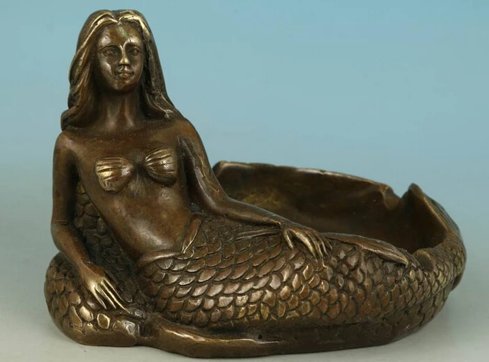 

bi002975 NOBLE CHINESE OLD BRONZE COLLECTABLE HANDWORK CARVED SEA MERMAID STATUE POT