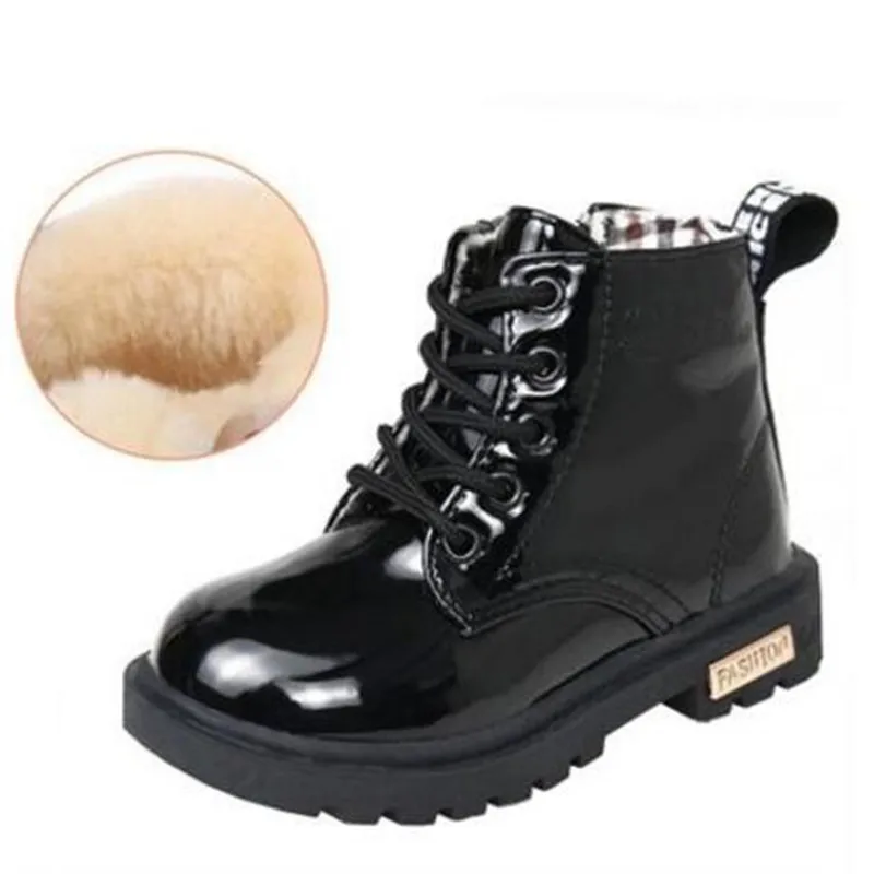 Black with plush Детские ботинки в байкерском стиле из искусственной кожи; водонепроницаемые ботинки; зимние детские ботинки; Брендовая обувь для мальчиков и девочек; резиновые ботинки; 03B - Цвет: Black with plush