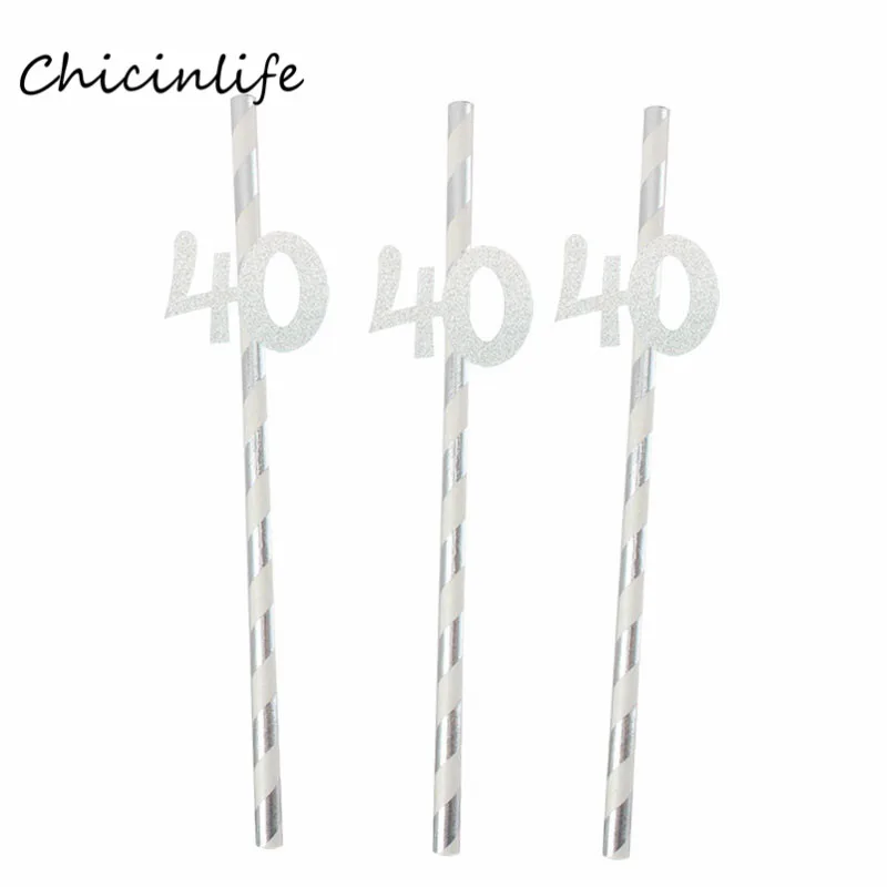 Silver 40 Chicinlife 10 шт. бумажные соломы с номером 30 40 50 60 юбилейные соломинки для напитков 30th 40th 50th 60th День рождения украшения - Цвет: Silver 40