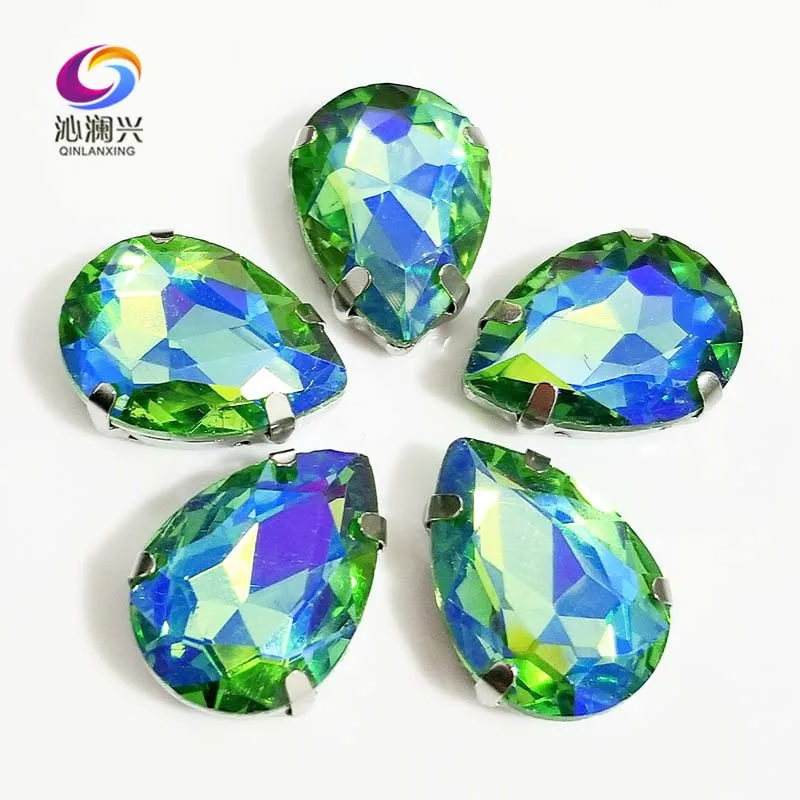 

Super beauty Green AB color drop shape High quality Glass Crystal sew on rhinestones with holes,Diy Clothing accessories SWS24
