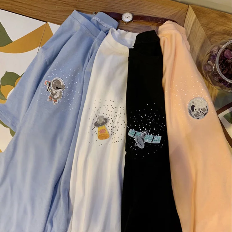 Летние простые полосатые футболки с коротким рукавом корейские kawaii вышивкой
