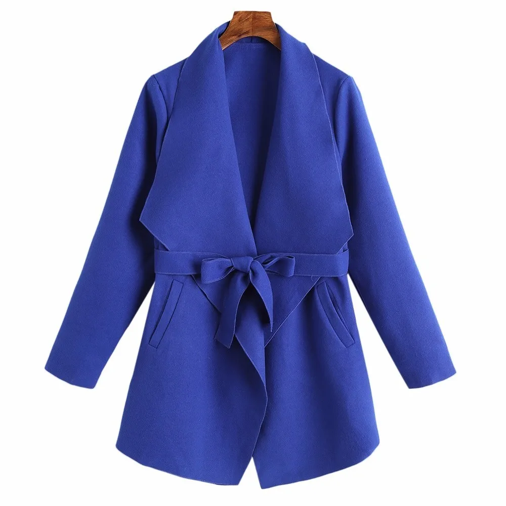Зимняя Весенняя женская мода Belted Plain пальто с карманами однотонный отложной