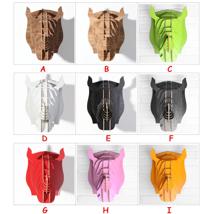 

1 set 9 Color Creative Gifts Wood Animals Head Wall Hanging Wooden Rhinoceros Head For Art Home Wall Decoration IW-WD004