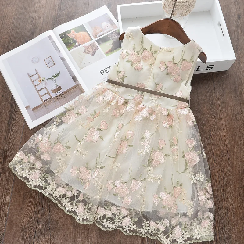 LOVE DD& MM/платья для девочек коллекция года, новая летняя детская одежда милая Цветочная вышивальная сетка для девочек, платье-майка с кружевным поясом