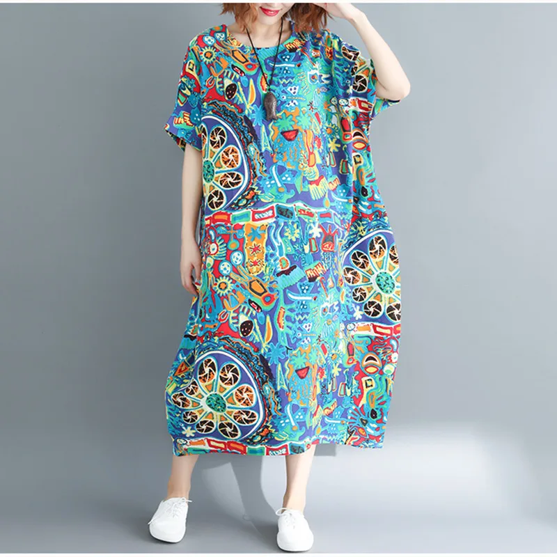 

Женское платье-макси из хлопка и льна, с принтом