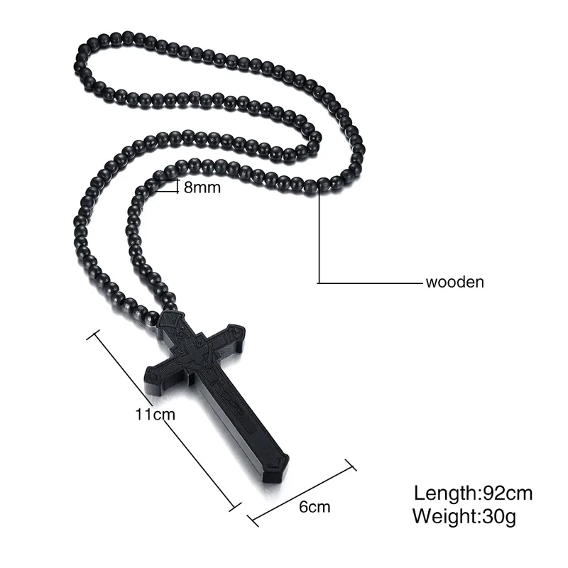 Large Wooden Catholic Jesus Men's Cross with Carved Rosary Pendant Long Collier Statement Necklace image 2