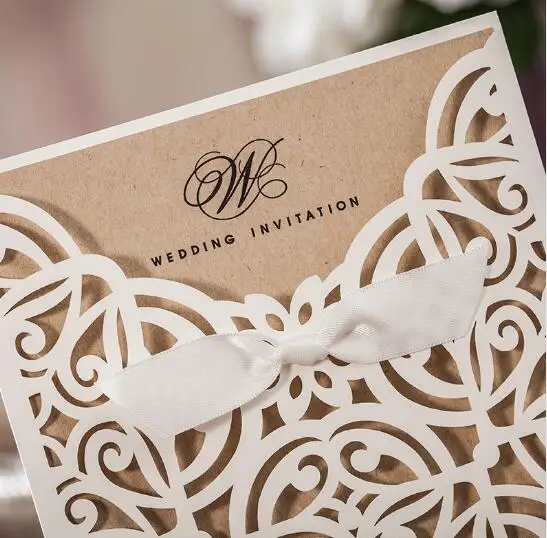 50pcs White Laser Cut Wedding Invitations Card Greet Personalized Custom With Ribbon Free Envelope &amp Seals Party Supplies | Дом и сад