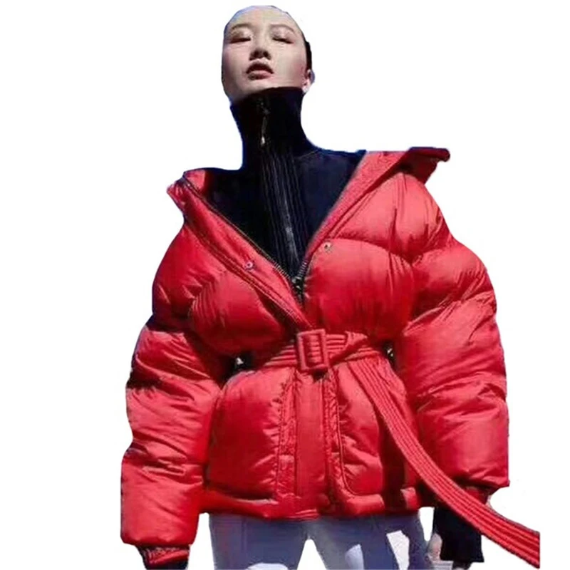 

Feather Puffer Jacket 2020 Winter Women Hooded Down Jacket Coat Casual Belt White Duck Down Jacket Overcoat campera D488