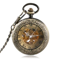 antique brozne transparent gear skeleton mechanical automatic self wind pocket watch retro pendant fob watches relogio de bolso