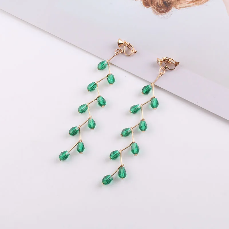 Clip Earrings JIOFREE, корейский стиль, длинные сережки с крестиком, зеленые стразы, без пирсинга, серьги для девочек, новогодние, вечерние - Окраска металла: Clip Earrings