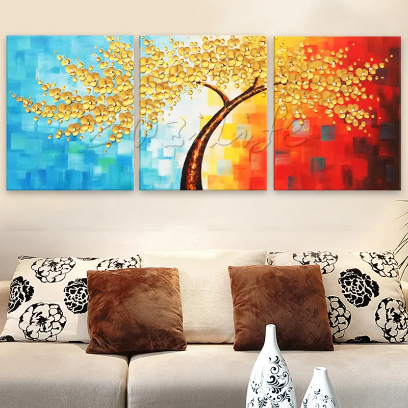 Goede 3 Stuks Panel Wall Art Paletmes Hand Painted Bloem Olieverf Op Canvas Muur Foto Schilderij Voor Woonkamer Blossom