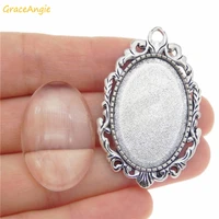 graceangie 2 sets antiqued silver color brooch baseglass oval cabochon vintage brooch pin accessory diy jewelry findings