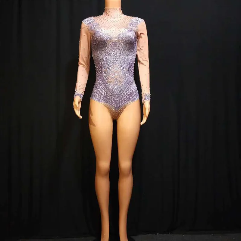

X10 Female pole dance bodysuit singer perform wears Rhinestone jumpsuit printing Elastic outfits bar model dress bikini disco dj