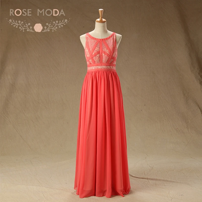 

Rose Moda Sleeveless Coral Lace Prom Dress Xmas Prom Dresses 2018