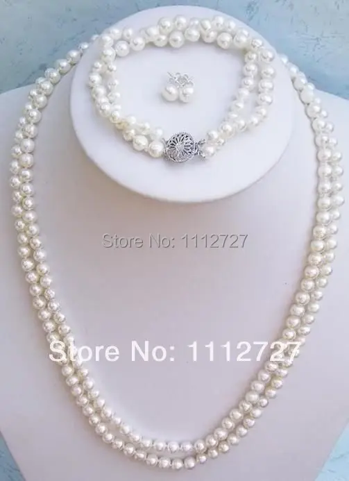 

Trendy Accessory Crafts Parts Jewelry Beads 2Rows White Akoya Pearl Necklace Bracelet Earrings Set 8mm DIY Girls Women Gifts