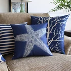 Декоративная льняная наволочка для подушки в юго-восточном азиатском стиле, синяя классическая наволочка с геометрическим рисунком морских растений, наволочка для дивана, стула, талии