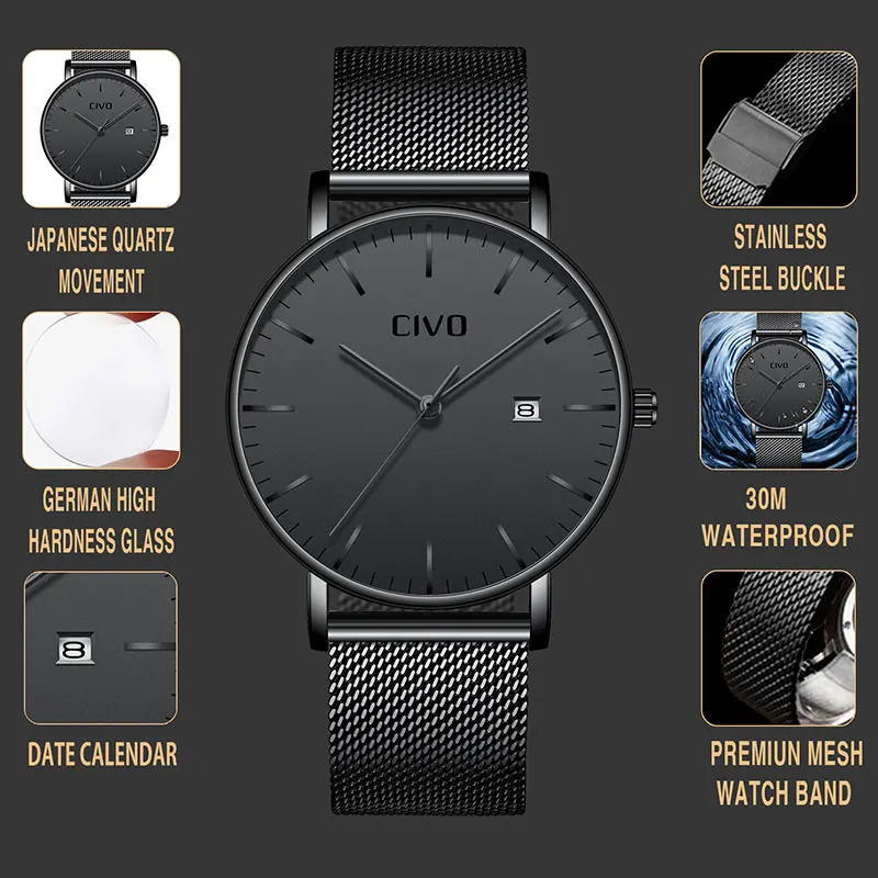 Men Watches CIVO Top Brand Luxury Waterproof Watch Ultra Thin Date Clock Male Steel Mesh Strap Businesss Casual Quartz | Наручные часы