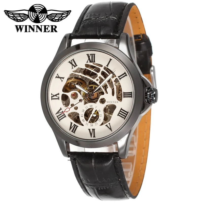 

WRG8034M3B2 new skeleton top quality Winner Automatic men watch factory black leather strap free shipping with gift box