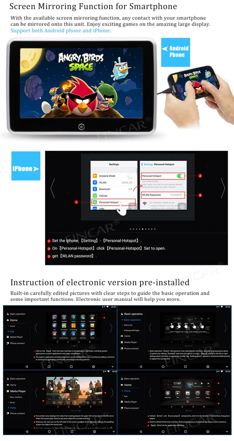 Автомобильный монитор Android 6 0 HD емкостный сенсорный экран 1080P видеоплеер HDMI